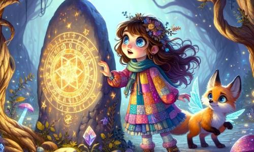 A young apprentice witch, Hazel, about 12 years old, stands in the center of the scene. She has long, messy brown hair, sparkling curious eyes, and wears a brightly colored patchwork dress. Her face expresses wonder and excitement as she touches a shimmering magical stone surrounded by a golden glow. Beside her, a small fox with shiny wings, Thistle, watches with quartz-shaped eyes, his blue and silver feathers sparkling in the light. He appears both wise and mischievous, ready to assist her on her adventure. The setting is a vast enchanted clearing, surrounded by twisted trees with luminescent leaves, bathed in soft moonlight. Glowing mushrooms form a circle around a giant stone covered in ancient runes, emitting a gentle glow. The main scene shows Hazel, amazed, touching the magical stone at the center of the clearing, while sparkles of light dance around her, revealing the mystery and magic that surrounds her.