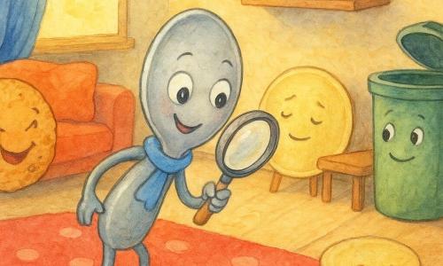 Il protagonista è un piccolo cucchiaino antropomorfo chiamato Lino, lucido in metallo spazzolato, occhi rotondi, sciarpa blu, sorriso curioso, che con una lente esamina una grossa briciola; Biscottino, un biscotto tondo e friabile con un'espressione birichina, si nasconde ridendo dietro una tendetta blu a sinistra; Tazza Tina è una tazza bianca con un cuore rosa su un ripiano in alto, sorridente e inclinata a osservare; Piatto Gino è un piatto giallo pallido, un po' pensieroso, appoggiato al piede di un tavolino di legno a destra di Lino; un bidone della spazzatura verde con coperchio aperto e occhi dipinti sta nell'angolo destro come testimone; il salotto è caldo e colorato (tappeto a pois rossi, cuscini rossi e arancioni, pavimento in legno chiaro, tende blu, raggi di sole soffusi) e una scia di grosse briciole marroni serpeggia dal divano al bidone; Lino segue la pista con la lente mentre gli altri lo osservano sorridendo in un'indagine leggera, gioiosa e rassicurante.