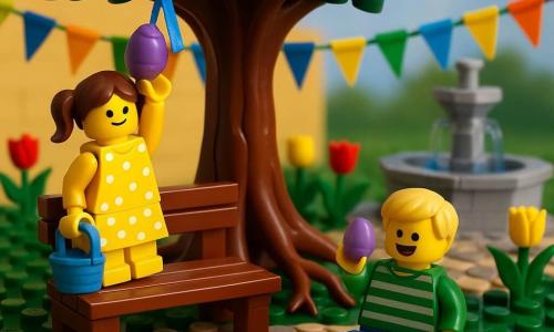 Hay dos niños: una niña de 5 años con el pelo castaño en dos trenzas, vestido amarillo con lunares blancos, sostiene una pequeña cesta azul y sube a un banco bajo un gran roble para alcanzar una cinta azul atada a una rama, situada a la izquierda; un niño de 5 años con pelo rubio corto y suéter de rayas verdes está sentado a la derecha junto al banco, sostiene una caja de pinturas y muestra riendo un huevo de Pascua morado. Lugar: una plaza de pueblo soleada con adoquines redondos, un gran roble de hojas verde oscuro y raíces visibles, una fuente de piedra detrás, bancos barnizados, guirnaldas de papel y tulipanes rojos y amarillos. Situación: los niños descubren un huevo de Pascua morado colgado de una rama con una cinta azul; pintan juntos otro huevo en el banco, ríen y comparten golosinas; ambiente alegre y luminoso, colores vivos, sombras suaves y expresiones sonrientes.