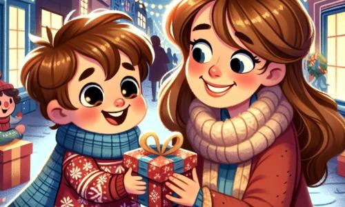 Un bambino di un anno, con grandi occhi curiosi e capelli castani in disordine, sorride felicemente mentre tiene in mano un piccolo pacchetto regalo. Indossa un maglione rosso con fiocchi di neve e un pantalone di jeans. Accanto a lui, sua madre, una donna di circa 30 anni con lunghi capelli castani e un sorriso caloroso, si accovaccia per ammirare il regalo che le porge il figlio. Indossa una sciarpa di lana morbida e un cappotto blu. La scena si svolge in una strada animata durante il periodo di Natale, con splendide luci scintillanti sugli alberi e sulle case. Decorazioni festive abbelliscono le vetrine dei negozi e un grande albero di Natale illuminato si erge in fondo alla strada, creando un'atmosfera magica. In questa situazione, il bambino è emozionato di fare una sorpresa alla madre con un regalo che ha trovato, mentre la madre, commossa, si piega per ricevere questo dono con amore e tenerezza.