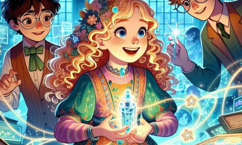 W centrum obrazu znajduje się 12-letnia dziewczynka o imieniu Lila, z kręconymi, złotymi włosami, ubrana w kolorową sukienkę ozdobioną magicznymi wzorami. Jej twarz wyraża radosną determinację, gdy trzyma w rękach prototyp błyszczącego urządzenia, będącego połączeniem technologii i magii. Po jej prawej stronie stoi 14-letni chłopak, technolog w okrągłych okularach i brązowych włosach, który z ciekawością obserwuje, trzymając futurystyczną tabletę. Po lewej stronie znajduje się stara kobieta w zielonej sukience, mądra czarownica z srebrnymi włosami, która z życzliwością się uśmiecha, trzymając migoczącą różdżkę. Tło to tajna sala, wypełniona świecącymi pnączami i unoszącymi się starymi książkami, gdzie holograficzne ekrany wyświetlają obrazy magii i technologii w harmonii. Na końcu, okna wpuszczają miękkie światło, oświetlające twarze postaci. Główna sytuacja pokazuje Lilę otoczoną przyjaciółmi, prezentującą swoje wynalazki łączące magię i naukę na Ronde des Anciens, gotową przekonać mędrców o znaczeniu ich współpracy dla przyszłości ich miasta.