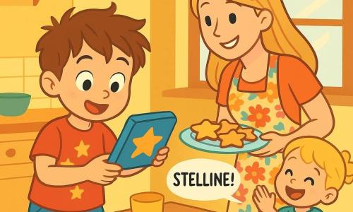 Un bambino di 4 anni, con i capelli castani arruffati e occhi pieni di curiosità, si trova al centro della cucina. Indossa una maglietta rossa con stelle e pantaloni corti blu. Il suo viso esprime eccitazione e determinazione mentre esamina attentamente una scatola di biscotti a forma di stella. Accanto a lui, sua madre, una donna sorridente di circa 30 anni con capelli lunghi e biondi, si inclina leggermente all'indietro, tenendo un vassoio di biscotti. Indossa un grembiule colorato con motivi floreali. In un angolo, sua sorellina Lalla, una bambina di 2 anni con riccioli biondi e un sorriso splendente, applaude esclamando "Stelline!" con entusiasmo. La cucina è luminosa e accogliente, con pareti gialle, una grande finestra che lascia entrare la luce del sole e un tavolo in legno carico di biscotti e stoviglie colorate. La scena principale mostra il bambino intento a cercare un biscotto a forma di stella mancante nella scatola, circondato dalla sua famiglia, tutti impegnati in un'allegra indagine culinaria.