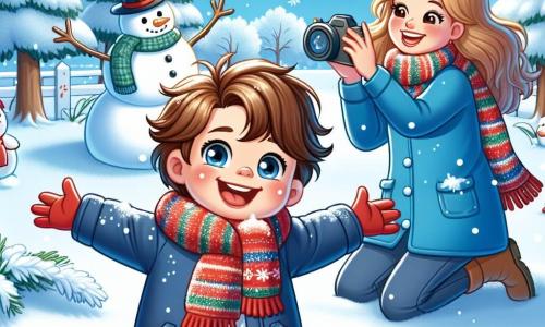 Un niño pequeño de 3 años, con cabello castaño despeinado y mejillas rosadas, está acostado en la nieve, con los brazos y las piernas extendidos, creando un ángel de nieve. Su rostro irradia alegría y asombro, y sus ojos brillantes reflejan la emoción del invierno. A su lado, su mamá, una mujer de unos 30 años con cabello largo y rubio, lleva un abrigo azul brillante y una bufanda roja. Ella sonríe mientras toma una foto de su hijo, de pie al lado, con los brazos cruzados, admirando su pequeño ángel. El escenario es un jardín nevado, con árboles cubiertos de nieve brillante, copos de nieve cayendo suavemente del cielo azul claro y un gran muñeco de nieve con un sombrero negro y una bufanda colorida que se erige orgullosamente en el fondo. La escena principal muestra al niño divirtiéndose haciendo un ángel en la nieve, rodeado de la belleza invernal, mientras su mamá captura este momento mágico.