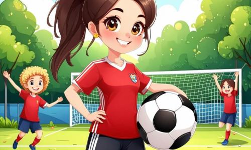 Uma jovem chamada Sofia, com cerca de 12 anos, está no centro da imagem. Ela tem longos cabelos castanhos presos em um rabo de cavalo, um sorriso radiante e olhos cheios de determinação. Ela usa uma camiseta de futebol vermelha com listras brancas e um short preto, segurando firmemente uma bola de futebol sob o braço. Ao lado dela, sua melhor amiga Ana, também de 12 anos, tem cabelos loiros cacheados e um grande sorriso. Ela está pulando de alegria, com os braços levantados, celebrando um gol marcado. Ao fundo, um campo de futebol verde está cheio de jovens jogadores, pais aplaudindo nas arquibancadas e um céu azul com nuvens brancas. O sol brilha, iluminando a cena com uma luz quente. A situação principal mostra Sofia e Ana após um gol, cercadas por suas companheiras de equipe, todas sorridentes e entusiasmadas, celebrando juntas a vitória e o espírito de equipe.