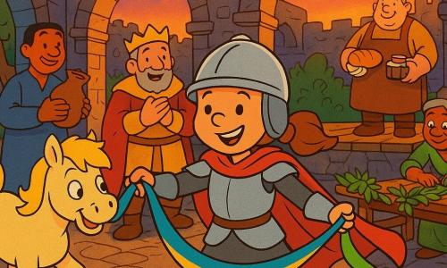 Eine junge lächelnde und entschlossene Ritterin mit braidem Haar und silbernem Helm, rotem Mantel, reicht ein blau-grün-gelbes Band in die Mitte des Hofes; neben ihr das cremfarbene Pony Funke schnuppert daran. Hinter ihnen kommt der König mit kurzem grauem Bart und freundlichem Gesicht, klatschend auf die zentrale Fläche zu; Herr Bardo vom Bachclan in blau hält eine Wasserkrug neben einem kleinen Becken links; Frau Linde vom Waldclan in grün mit silbernem Dutt legt dekorative Blätter auf einen Holztisch rechts; Herr Stein vom Hügelclan, groß und stämmig mit brauner Schürze, trägt Brot und kleine Trommeln auf einer niedrigen Bühne im Hintergrund. Schauplatz: Hof einer alten steinernen Festung mit Kopfsteinpflaster, großen Bögen, Papierlaternen, rustikalen Holztischen, Pflanzen und einem Bach links; warme Dämmerungsstimmung, goldene Beleuchtung, fröhlicher, weicher Cartoonstil. Hauptsache: Die Ritterin verbindet die drei Clans, indem sie das tricolore Band befestigt, die Figuren nähern sich lächelnd, Musik und Teilen beginnen.