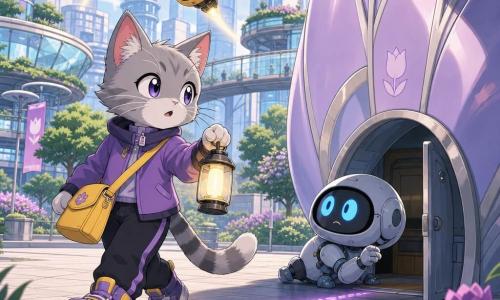 Mira is a young urban anthropomorphic cat with silver whiskers and a yellow shoulder satchel, curious and brave, holding a small lamp and walking resolutely; a small round gray service robot with worried blue LED eyes crouches by a slightly open door and looks at her; two bee-like golden drones buzz overhead, shiny and friendly, watching the futuristic plaza with glass-and-metal buildings, green rooftop gardens, glass walkways and a tulip-shaped building with a low ajar door; Mira follows a blinking violet light on the ground, soft lighting, pastel futuristic colors, dynamic child-friendly composition.