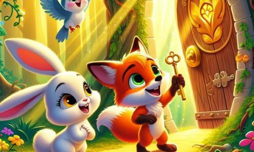 A little fox named Finn, with bright orange fur and sparkling curious eyes, stands in front of a small wooden door in a tree, holding a golden key in his paw. He has a big smile on his face, full of excitement. Beside him, an adorable white bunny with large ears, looking curious, observes the door, her round eyes shining with wonder. A small blue bird perched on a branch just above sings joyfully, its feathers sparkling in the sunlight, adding a touch of magic to the scene. The setting is a lush forest bathed in golden light, with majestic trees, colorful flowers, and sun rays filtering through the leaves. The little door in the tree appears mysterious and inviting, surrounded by vines and vibrant flowers. The main situation shows Finn, key in paw, ready to open the magical door, while his friends enthusiastically encourage him, eager to discover what lies behind.