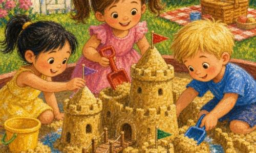 Three children: Lily, about 5, brown hair in pigtails, pink dress, holding a red shovel in front of a large sandcastle and smiling; Max, about 5, short blond hair, blue t-shirt, on the right tamping sand with a blue shovel, leaning toward the main tower; Mia, about 5, black hair in a ponytail, yellow dress, on the left placing a small paper flag on a tower beside a yellow bucket. Sunny backyard with a soft green lawn, a sandbox of golden sand, a white wooden fence, a few flowers and a picnic basket on a checkered blanket. The children build the biggest sandcastle together: round towers, ramparts, shallow water-filled moats, small paper flags and a tiny wooden bridge; joyful, collaborative scene with warm colors, soft textures and bold pastel strokes.
