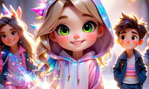O fată de 8 ani, Alice, cu ochi verzi strălucitori și păr blond creț, este în centrul imaginii, radiantă de bucurie și entuziasm, îmbrăcată într-un costum de unicorn zburător strălucitor, cu colțuri colorate și paiete care strălucesc în soare. Lângă ea, cel mai bun prieten al ei, Max, un băiat de 8 ani cu păr brun zbârlit și un zâmbet jucăuș, ține o pereche mare de aripi din hârtie creponată, pregătit să le atașeze la Alice, râzând cu bucurie. Fundalul este o piață centrală animată, plină de baloane colorate care plutesc în aer, de tarabe cu mâncare și dulciuri, și artiști de stradă care distrează o mulțime entuziastă, toți îmbrăcați în costume strălucitoare. La distanță, o scenă împodobită cu ghirlande luminoase găzduiește magicieni și acrobați, adăugând o notă de magie atmosferei festive. Situația principală arată cum Alice și Max se pregătesc pentru concursul de costume, cu Alice făcând un pas înainte, gata să defileze pe scenă, în timp ce Max ajustează cu grijă aripile prietenei sale, amândoi radiază de entuziasm și prietenie, înconjurați de energia veselă a carnavalului.