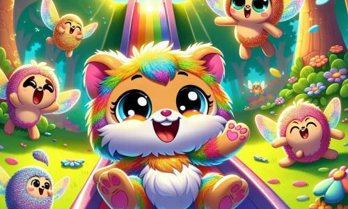 Een hoofdpersonage, een schattige, kleurrijke bol van vacht als een regenboog van confetti, met een grote glimlach en sprankelende ogen van vreugde, glijdt van een glijbaan in de vorm van een regenboog, lachend uitbundig. Naast hem draait een groep kleine vliegende wezens, Vliegjes met glinsterende vleugels, in de lucht, hun gezichten stralend van blijdschap, terwijl ze applaudisseren en hun vriend aanmoedigen. Een ander personage, een Sprinkhan, met lange, slanke poten, springt vrolijk op de grond, zijn gezicht toont opwinding en plezier. De locatie is een prachtig betoverd bos, vol bomen met kleurrijke stammen en stralende bloemen, waar het zonlicht door de bladeren filtert en lichtpatronen op de grond creëert. De hoofdscene toont het hoofdpersonage en zijn vrienden die samen plezier hebben op de glijbaan, de vriendschap en vreugde vierend, terwijl kleurrijke bellen om hen heen zweven, wat een vleugje magie aan hun avontuur toevoegt.