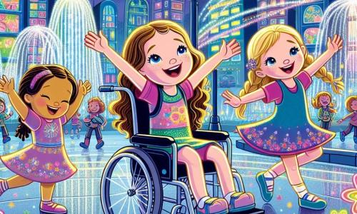 In una città futuristica chiamata Luminosia, tre amiche sono riunite. Lila, una bambina di tre anni in sedia a rotelle, ha lunghi capelli ricci e un sorriso splendente. È al centro dell'immagine, con le braccia alzate come se stesse volando. Alla sua destra c'è Mia, una bambina dai capelli lisci e castani, che indossa un vestito colorato e ride allegramente imitando Lila. A sinistra, Sara, un'altra bambina con trecce bionde, danza con grazia, le braccia in alto, circondata da fiori brillanti che cantano. Lo sfondo è una strada animata di Luminosia, con case alte e colorate che brillano sotto un cielo stellato. Luci danzano lungo i marciapiedi e robot dalle forme divertenti annaffiano fiori multicolori che sembrano sorridere. Le tre amiche scoprono un grande schermo luminoso che proietta immagini magiche dello spazio, mentre si immaginano volare tra le stelle, creando un'atmosfera di gioia e meraviglia.