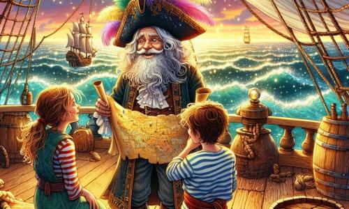 O personagem principal é um homem idoso, Barba Branca, com uma longa barba branca e cabelos desgrenhados, usando um chapéu de pirata adornado com penas coloridas. Ele exibe um sorriso travesso e olhos brilhantes de aventura, segurando um mapa do tesouro em uma mão e uma bússola na outra, em pé no convés do seu navio, "O Corsário Valente". Ao seu lado está Miguel, um garoto de cerca de 10 anos, com cabelos castanhos bagunçados e uma camisa listrada, que observa o mapa com admiração, os olhos arregalados de excitação. Clara, uma menina de 9 anos com cabelos loiros trançados, fica um pouco afastada, segurando um binóculo, pronta para espreitar o horizonte em busca da lendária ilha do tesouro. A cena acontece no convés de um velho navio pirata, com velas brancas flutuando ao vento, cordas emaranhadas e barris de madeira, enquanto o oceano brilha sob o sol poente, criando uma atmosfera mágica e aventureira. A situação principal da história mostra Barba Branca e as crianças planejando sua próxima aventura, examinando o mapa do tesouro, cercados por uma atmosfera de excitação e mistério, prontos para partir em busca da Ilha das Maravilhas.