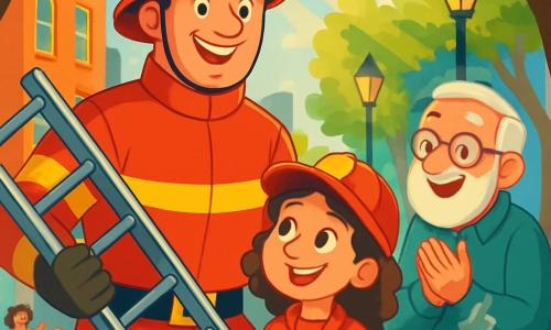 Een grote, gespierde brandweerman in een felrode uniform en een glanzende helm staat in het midden van de afbeelding, glimlachend met sprankelende ogen van enthousiasme. Hij houdt een grote metalen ladder vast, klaar om anderen te helpen. Naast hem staat een jong meisje van ongeveer 10 jaar met krullend haar en een brandweermuts, die bewonderend kijkt en een klein notitieboekje in haar handen houdt. Een oudere man met een bril en een witte baard staat iets verder weg, glimlachend en klappend, met een dampende kop koffie in zijn hand. De locatie is een drukke straat in de stad, met kleurrijke gebouwen, verlichte lantaarns en bomen met levendig groene bladeren. Kinderen spelen op de stoep en een rode brandweerauto staat in de buurt geparkeerd met knipperende lichten. De belangrijkste situatie toont de brandweerman en het meisje die vrolijk met elkaar praten, terwijl de oudere man hen aanmoedigt. De sfeer is vol kameraadschap en opwinding, met zonnestralen die door de bomen filteren en de scène verlichten met een warme en vriendelijke gloed.