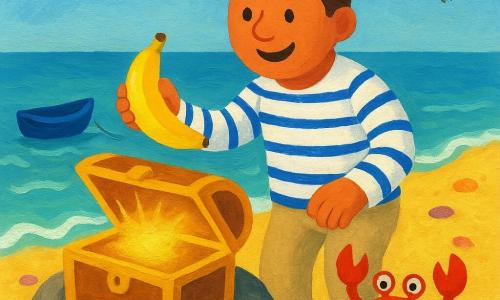 A smiling proud man (about 30) with a round face, chestnut hair, small blue sailor hat, white-and-blue striped jacket and beige pants opens a shiny box on a large rock and holds a bright yellow banana; a vivid red crab with round eyes waves a claw on the sand to his right; two small white-and-gray birds fly above with open beaks; golden sandy beach with scattered colorful shells, gentle turquoise waves, and a small flat-bottomed blue boat moored a few meters behind him; main scene: a cheerful pirate discovers a box containing a banana in a brightly lit, soft, vivid gouache-style image with thick textures and simple rounded lines suitable for toddlers.