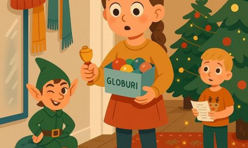 O fetiță de 10 ani, față rotundă, păr brun împletit, ochi mari surprinși, ține o cutiuță cu globuri și o ștampilă aurie; un spiriduș băiețel în costum verde viu, centură din piele maro, urechi ascuțite, zâmbet ștrengăresc, cocoțat pe un puf lângă cuier, clipind gata de o poză; fratele mai mic, vreo 6 ani, păr blond scurt, tricou cu reni, lângă brad cu o partitură în mână, privește curios; hol cu podea caldă din lemn, covor roșu cu motive de Crăciun, cuier cu căciuli și fulare, oglindă ușor aburită cu scris făcut cu degetul, o felicitare „Întoarce-te” pe podea și luminițe galbene pâlpâindu‑și; scenă nocturnă a descoperirii spiridușului care a răsturnat globurile, tensiune blândă, gesturi lente, atmosferă jucăuș‑magică cu accente aurii pe ștampilă și reflexe roșii ale globurilor.