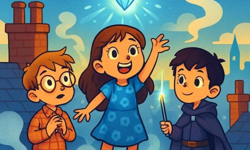 Er zijn 3 personages: - Livia: een 10-jarig meisje met lange bruine haren en sprankelende ogen. Ze draagt een blauwe jurk met bloemenpatronen en leren laarzen. Ze staat in het midden, met haar armen uitgestrekt naar een glanzende steen. - Felix: een 10-jarige jongen met ronde brillen en rommelig kastanjebruin haar. Hij draagt een geruite shirt en een stoffen broek. Hij staat links van Livia, met een verwonderde uitdrukking op zijn gezicht. - Ash: een 10-jarige jongen met zwart haar en paarse ogen. Hij is gekleed in een donkere cape en leren broek. Hij staat rechts van Livia, met een magische staf die schittert. De locatie is op het dak van een oude klok in Londen, omringd door bakstenen schoorstenen en leien daken. De lucht is diepblauw, bezaaid met witte wolken, en een lichte mist hangt eromheen, wat een mystieke sfeer creëert. Op de achtergrond zijn de silhouetten van de gebouwen van de stad te zien, verlicht door het gouden licht van de ondergang. De hoofd situatie van het verhaal toont Livia, Felix en Ash die een magische steen oproepen die fel straalt, met blauwe en witte lichtflitsen. De mist stijgt om hen heen terwijl ze samen staan, verenigd in hun zoektocht om de stad te redden van de ontsnappende magie.