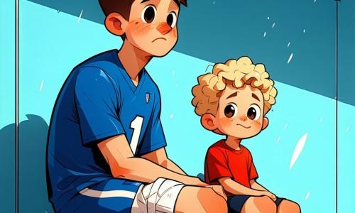 Een jonge man, Sam, zit op een bank in een sportschool met een uitdrukking van verdriet en frustratie op zijn gezicht. Hij heeft kort, bruin en rommelig haar, draagt een blauw voetbalshirt met het nummer 10, en heeft een verband om zijn geblesseerde been. Naast hem staat een negenjarig jongetje, Noah, met blond, krullend haar en een rood t-shirt. Hij glimlacht enthousiast, houdt een voetbal onder zijn arm en kijkt Sam bewonderend aan. De scène speelt zich af in een lichte sportschool met groene muren en posters van beroemde voetballers. Op de achtergrond is een voetbalveld te zien door een groot raam, waar andere kinderen vrolijk trainen. De belangrijkste situatie toont Sam, teleurgesteld dat hij niet kan spelen vanwege zijn blessure, terwijl Noah hem vragen over voetbal stelt, in de hoop iets te leren van zijn idool.