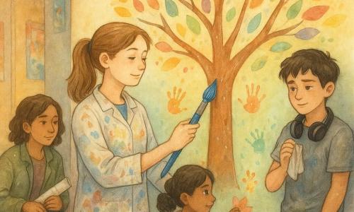 Lina, mujer joven de expresión serena y concentrada, cabello castaño claro en coleta, blusa de pintor manchada, sostiene un gran pincel azul en la mano derecha y un bote de pintura en la izquierda frente a un gran mural; Tomás, adolescente de ~14 años, tímido pero orgulloso, con camiseta deslavada y auriculares, limpia un pincel a la derecha y algo atrás de Lina; Maia, mujer de ~25 años, mirada amable, chaqueta con manchas de aceite y una hoja enrollada bajo el brazo, agachada a la izquierda pintando sombras en el tronco con un pincel fino; una niña de ~6 años con vestido de flores y sonrisa tímida coloca una pequeña hoja coloreada en el árbol sosteniendo una tiza rosa; lugar: vestíbulo de un centro cultural, corredor largo iluminado por luz dorada, suelo de baldosas gastadas y carteles en las paredes, gran mural central: árbol de ramas marrones sobre fondo degradado amarillo a verde pálido; situación: 