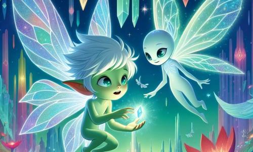 Zephyr, un pequeño Aetherlin con alas translúcidas brillantes como un arcoíris, se encuentra en el centro de la imagen, con los ojos muy abiertos de asombro, sosteniendo un cristal resplandeciente en sus pequeñas manos. Tiene una piel de un verde suave y cabello en forma de hojas delicadas, flotando suavemente a su alrededor. A su lado, Aria, una criatura esbelta con grandes alas brillantes y piel azul perlada, le sonríe con benevolencia, sus ojos brillando de sabiduría. Ella se inclina ligeramente hacia adelante, como para compartir un secreto, y está justo al lado de Zephyr, en un entorno vibrante. El decorado es la magnífica Ciudad de las Estrellas, con torres de cristal brillantes elevándose hacia un cielo verde esmeralda, donde jardines colgantes flotan, llenos de flores luminosas. Criaturas fantásticas vuelan alrededor, añadiendo a la magia de este lugar. La situación principal muestra a Zephyr descubriendo el poder del cristal, rodeado de luz y colores brillantes, mientras se da cuenta de que puede viajar en el tiempo, con una expresión de sorpresa y emoción en su rostro.