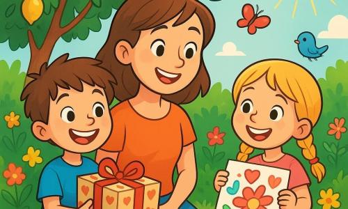 Un niño de 8 años, con el cabello castaño desordenado y ojos brillantes de alegría, se encuentra en el centro de la imagen, sosteniendo una bonita caja decorada con corazones de tela. Lleva una camiseta azul brillante y un pantalón corto rojo, y su rostro expresa una gran orgullo y emoción. A su lado, su hermana pequeña Valeria, una niña de 5 años con trenzas rubias y una sonrisa radiante, sostiene un dibujo colorido de flores y corazones, mirando a su hermano con admiración. Al fondo, su mamá, una mujer sonriente con cabello castaño, está sentada bajo un gran limonero, rodeada de flores brillantes y rayos de sol filtrándose a través de las hojas. La escena se desarrolla en un jardín verde, lleno de colores vivos, donde los pájaros cantan y las mariposas vuelan alegremente. El niño y su hermana están sorprendiendo a su mamá por el Día de la Madre, ofreciéndole regalos hechos a mano, creando una atmósfera cálida y llena de amor.