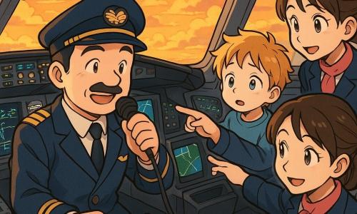 Ein erwachsener Pilot, lächelnd und gelassen, rundes Gesicht mit leichtem Schnurrbart, makellose dunkelblaue Uniform und Schirmmütze mit goldener Biese, sitzt im Cockpit und spricht ins Mikro, die Hand sanft am Schubhebel; eine erwachsene Co-Pilotin mit braunem Pferdeschwanz, konzentriert und wohlwollend, blickt auf die Instrumente rechts und zeigt auf einen Navigationsbildschirm; ein etwa sechsjähriger Junge mit zerzaustem blondem Haar schaut voller Staunen und etwas Sorge aus dem Fenster in der Kabine hinter dem Cockpit, daneben hockt eine Flugbegleiterin und lächelt beruhigend; detailliertes Cockpit mit schwarzen Instrumententafeln, bunten Knöpfen, grünen und blauen Bildschirmen und Metallhebeln, Fenster mit goldenen Wolken im Sonnenuntergang; Szene: der Pilot beruhigt die Passagiere vor dem Sinkflug, warme sichere Atmosphäre, sanftes goldenes Licht, klare Linien und kontrastreiche Farben im fröhlichen Manga-Stil.