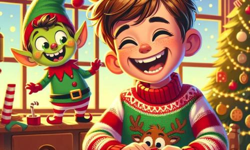 Een klein jongetje genaamd Bram, met rommelig bruin haar en sprankelende ogen van vreugde, draagt een rode kersttrui met een lachende rendier. Hij lacht luid terwijl hij een klein doosje koekjes in zijn handen vasthoudt, omringd door glinsterende kruimels. Naast hem maakt een ondeugende elf, met groene huid, een grote puntige hoed en puntige oren, gekke gezichten terwijl hij op de tafel springt, zijn gezicht straalt van ondeugd en plezier. De scène speelt zich af in een warme keuken versierd voor Kerstmis, met een groot raam dat het gouden zonlicht binnenlaat, lichtslingers aan het plafond en een schitterende kerstboom in een hoek, vol met kleurrijke ballen en slingers. Bram en de elf zijn aan het zoeken naar verborgen koekjes, samen lachend terwijl ze verrassingen op onverwachte plaatsen ontdekken, wat een vrolijke en magische sfeer creëert.