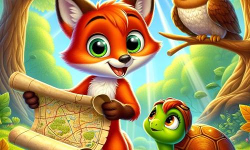 Al centro dell'immagine, Rocco, una piccola volpe dal pelo rosso brillante, con grandi occhi curiosi e un sorriso malizioso, esamina una vecchia mappa arrotolata tra le sue zampe anteriori, con aria determinata ed emozionata. Accanto a lui, Tina, una tartaruga con un guscio verde e lucente, guarda la mappa con uno sguardo pensieroso, i suoi occhi rotondi esprimono una dolce concentrazione. Franco, un gufo dalle piume marroni e dai grandi occhi saggi, è posato su un ramo sopra di loro, osservando attentamente la scena con un'espressione seria, pronto a dare consigli. Lo scenario è una radura soleggiata, circondata da alberi maestosi con foglie di un verde brillante, con raggi di luce che filtrano tra i rami, creando un'atmosfera magica. Al suolo, fiori colorati e foglie dorate aggiungono un tocco di vita all'ambiente. La situazione principale mostra Rocco e i suoi amici in piena indagine, scoprendo indizi su un tesoro nascosto, con un'atmosfera di avventura e mistero, mentre si preparano a risolvere l'enigma che li porterà verso il loro obiettivo.