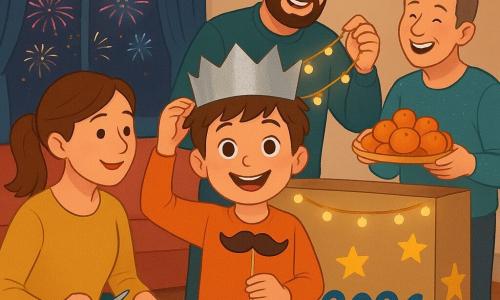 Un bambino di 6 anni, volto rotondo, capelli castani spettinati, occhi nocciola brillanti, sorridente e meravigliato, indossa di traverso una corona di carta argentata e tiene un accessorio da photobooth davanti a una grande scatola di cartone decorata. La mamma, circa 34 anni, capelli castano raccolti e sorriso dolce, è inginocchiata a sinistra del bambino con forbici e nastro adesivo; il papà, circa 36 anni, con leggera barba e occhi ridenti, è dietro il photobooth ad aggiustare una ghirlanda di lucine LED. Lo zio, circa 40 anni, capelli grigi, tiene un vassoio di mandarini sullo sfondo a destra ridendo con la vicina; la vicina, circa 50 anni, in abito brillante con una fetta di torta, è vicino alla finestra a sinistra. Ambientazione: soggiorno accogliente con divano rosso, coperte verde smeraldo e ghirlande dorate; il grande cartone trasformato in photobooth è decorato con stelle gialle e il numero 2026 dipinto in blu; dalla finestra notturna si vedono fuochi d’artificio. Situazione: piccola festa di Capodanno, il bambino si rimette la corona davanti al photobooth mentre gli adulti sorridono e scattano foto; atmosfera calda e luminosa con coriandoli e una ghirlanda luminosa che lampeggia vicino al numero 2026. Stile: illustrazione vettoriale nitida, colori vivaci e contrastati, linee morbide, texture carta per la corona, riflessi sulle ghirlande ed espressioni facciali calde e leggibili.