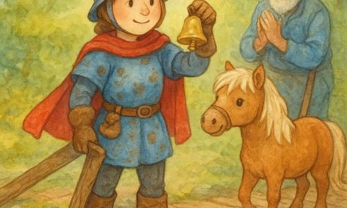 The young knightess is a smiling, round-faced woman with light brown hair under a polished helmet, holding a small muddy golden bell in one hand and gently pulling a wooden plank with the other; she wears a blue surcoat with clay stains, a short red cape, and a small seed pouch at her belt. Beside her, Pepper the light brown pony with a cream mane trots to the right, nose near her leg, watching the bell. Bram, an elderly gardener of about 70 with a wrinkled face and mischievous eyes, stands slightly back on the bridge, leaning on a shovel and applauding softly. The worn brown plank bridge spans a clear green-blue river with mossy stones at the bank and small yellow flowers between the boards. Soft golden morning light filters through leaves; the scene has a granular watercolor texture, slightly blurred edges and bright pastel colors. Main situation: a tender, triumphant moment as the knightess proudly displays the recovered bell while the pony and gardener share her joy on the sparkling-water bridge.