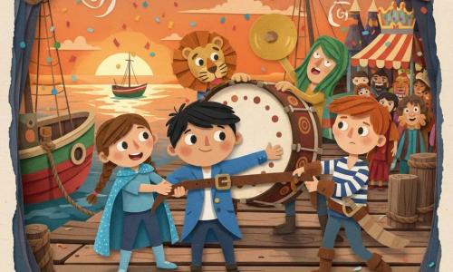 Four children réparing a large marching drum on a bustling dusk harbor quay: Juste, a 10-year-old boy with a round face and short black hair wearing a blue jacket with a missing pin spot, stands center front holding a wide brown strap with a buckle; Mina, 9, with brown braided hair and a sky-blue glitter cape, stands left helping steady the drum, proud; Théo, 11, chestnut hair and a striped pirate shirt with a cardboard sword at his belt, stands right threading the strap through the drum hoops, focused; Léo, 10, wearing a felt-maned lion mask, holds the drum from behind with his paws on the wooden planks. The quay has worn boards, coiled thick ropes, red- and green-hulled boats moored, paper lantern garlands, colorful carnival stalls and an orange sky reflecting on the water; a green-haired musician leans back ready to strike as costumed onlookers watch, confetti and hanging lights whirl; composition is bold, saturated colors with visible cut-paper textures and soft shadows.
