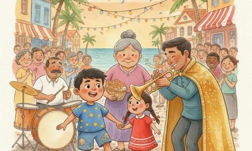 An 8-year-old boy with a round face, short black hair and tan skin stands with one foot on a small blue chalk mark, wearing a blue starry shirt and shell-embroidered shorts, tapping a sandal sole to the beat with a determined, joyful expression; to his right, about 7-year-old Lila with braided hair and a red ribboned dress smiles and holds his hand; behind him Abuela Rosa, about 65, with soft wrinkled skin and gray hair in a bun, places a protective hand on his shoulder while holding a basket of rolls; facing him the Brass King, about 40, in a shiny cape studded with small mirrors, leans forward smiling as he plays a golden trumpet; to the left Mr. Bayo, about 50 with a mustache, sets the tempo on a large drum; the scene is a seaside carnival street with uneven cobbles, palm trees, colorful houses, bunting, confetti and lanterns in warm late-afternoon light as the band speeds up and the crowd cheers while ribbons and mirror flashes reflect the light.