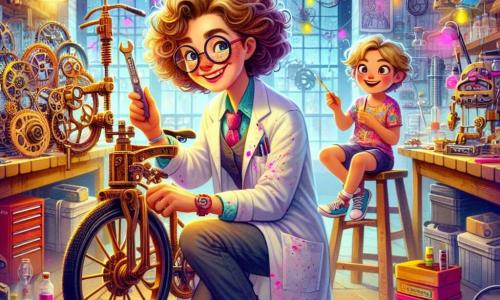 In a vibrant and chaotic inventor's workshop, a smiling woman, Dr. Matilda Bright, is fine-tuning a bicycle. She has curly, tousled hair, wears a paint-stained lab coat, and her eyes shine with excitement. Holding a wrench in one hand, she observes the bike with a determined smile. Next to her, an 8-year-old girl, Ellie, with blonde hair and sparkling eyes, sits on a stool. Wearing a colorful t-shirt and shorts, she admires Matilda's work, holding a pencil and sketchbook, ready to draw her ideas. The workshop is filled with strange machines, shining gears, and scattered papers, creating a magical and inspiring atmosphere. Shelves loaded with colorful gadgets and prototypes rise to the ceiling, while soft light filters through the windows. The scene shows Matilda and Ellie collaborating, with Matilda explaining an invention concept as Ellie sketches ideas on her notebook, surrounded by tools and inventive creations.