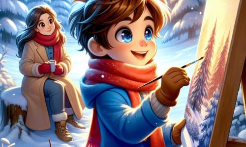 An 11-year-old boy, Ethan, with tousled brown hair and sparkling curious eyes, stands in the middle of a snow-covered enchanted forest. He wears a bright blue coat, a red scarf, and gloves, painting on a canvas with a look of wonder on his face as he captures the beauty of the winter landscape. His mother, a woman around 35 with long brown hair, sits on a nearby tree stump, watching her son with pride. She is dressed in a beige coat and matching scarf, holding a cup of hot chocolate, savoring the moment. The scene takes place in a peaceful forest where trees are draped in sparkling snow and the ground is covered in a thick layer of powder. Snowflakes gently fall from the light blue sky, creating a magical and serene atmosphere. Ethan is absorbed in his art, trying to capture the sunlight filtering through the branches, while his mother encourages him with a loving gaze, creating a moment of connection and inspiration in the heart of winter.