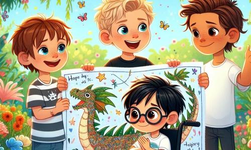 Cuatro niños de seis años están en un jardín soleado, rodeados de flores coloridas. Tomás, un niño de cabello castaño y ojos brillantes, sostiene una gran tarjeta decorada con un dragón de papel, sonriendo con orgullo. A su derecha, Lucas, con cabello rubio desordenado y una camiseta a rayas, aplaude con entusiasmo. A la izquierda, Mateo, un niño de cabello castaño y gafas redondas, admira la tarjeta con ojos llenos de estrellas. Finalmente, Nico, un niño de cabello negro y piel morena, está sentado en su silla de ruedas, sonriendo ampliamente y sosteniendo purpurina brillante. El jardín está lleno de flores vibrantes, mariposas revolotean a su alrededor, y un gran árbol con follaje verde se alza al fondo, añadiendo un toque mágico a la escena. Los cuatro amigos celebran el Día del Padre, listos para ofrecer su tarjeta gigante en forma de dragón a su papá, llena de amor y creatividad, en un ambiente alegre y festivo.