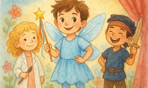 Um menino de 6 anos, Tomás, com cabelos castanhos despenteados e olhos brilhantes, veste um traje de fada azul claro com asas cintilantes. Ele sorri com confiança, segurando uma varinha mágica adornada com fitas coloridas. Ao lado dele, uma menina de 6 anos, Inês, com cabelos loiros cacheados, veste um jaleco de cientista e segura um pincel, sorrindo calorosamente. Um menino de 6 anos, Lucas, com cabelos pretos e uma faixa de pirata, levanta sua espada de madeira rindo. Eles estão em um palco de teatro colorido, cercado por cenários pintados de flores e nuvens. O palco é banhado por luzes suaves e acolhedoras, com uma cortina vermelha ao fundo. A atmosfera é alegre e mágica, capturando o momento em que Tomás abraça seu papel de fada com orgulho e imaginação.