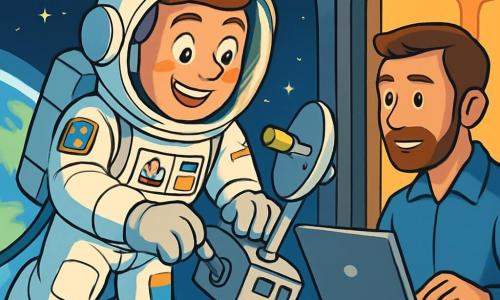 Ein Astronaut, Max, schwebt im Weltraum mit einem bewundernden Lächeln im Gesicht. Er trägt einen eleganten, glänzenden Schutzhelm, und sein Raumanzug ist mit bunten Abzeichen vergangener Missionen geschmückt. Seine Augen funkeln vor Aufregung, während er an einer Kommunikationsantenne arbeitet. In der Nähe beobachtet Alex, ein etwa 35-jähriger Mann mit braunen Haaren und einem gepflegten Bart, Max aufmerksam von innen in der Raumstation. Er trägt einen blauen Arbeitsanzug und hält einen Laptop bereit, um seinem Freund zu helfen. Die Umgebung zeigt den riesigen Weltraum, gespickt mit funkelnden Sternen und einem spektakulären Blick auf die Erde im Hintergrund, mit ihren blauen Ozeanen und grünen Kontinenten. Die Hauptsituation zeigt Max, der die Antenne repariert, während ein sanftes Licht sein Gesicht beleuchtet und eine Atmosphäre von Entdeckung und Abenteuer schafft.