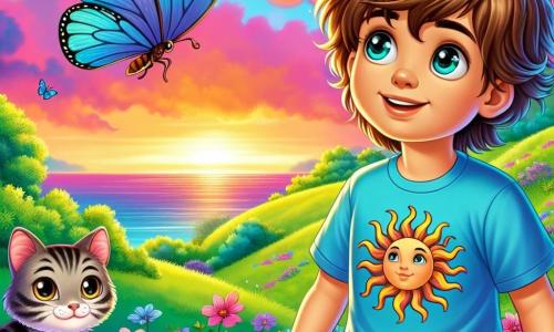 Um menino de 10 anos, Lucas, está no topo de uma colina verdejante, com os olhos brilhando de curiosidade e admiração. Ele tem cabelos castanhos bagunçados, um sorriso radiante e usa uma camiseta azul com um padrão de sol, além de um short bege. Lucas observa fascinado um horizonte colorido, onde tons de rosa, laranja e violeta se misturam em um céu mágico. Ao seu lado, uma pequena borboleta azul, delicada e vibrante, voa ao seu redor, com as asas brilhando à luz do sol. Ela parece alegre e cheia de vida, acompanhando Lucas em sua busca por descobertas. Ao fundo, um gato de olhos dourados, sentado em uma pedra, observa a cena com uma expressão sábia. Ele tem pelagem listrada cinza e preto, e seu ar misterioso adiciona um toque de magia à ilustração. O lugar é uma colina verdejante, salpicada de flores coloridas que dançam ao vento. O céu é vasto e luminoso, repleto de nuvens fofas que parecem flutuar suavemente. A cena principal mostra Lucas, maravilhado, diante de um horizonte deslumbrante, pronto para descobrir o "Horizonte das Possibilidades", enquanto a borboleta e o gato o incentivam em sua busca por verdade e sabedoria.