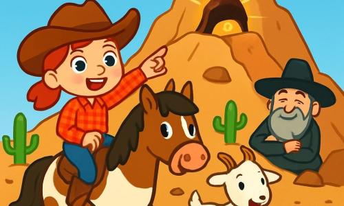 Uma jovem cowgirl, Clara, sorridente e cheia de energia, está orgulhosamente em seu cavalo Pinto. Ela usa um chapéu de cowboy marrom, uma camisa xadrez vermelha e jeans azuis, com botas de couro. Seus olhos brilham de excitação enquanto aponta para uma caverna cintilante no topo de uma montanha. Ao lado dela, sua amiga Lila, uma cabra travessa com pelagem branca e chifres curvados, salta alegremente no chão rochoso, pronta para explorar. Mais adiante, um homem idoso, o guardião do tesouro, com um grande chapéu preto e uma longa barba grisalha, observa a cena com um sorriso gentil, de braços cruzados. O cenário é uma majestosa montanha de encostas íngremes, salpicada de rochas e cactos, sob um céu azul radiante. A caverna brilha com um brilho dourado, prometendo uma aventura incrível. A situação principal mostra Clara e seus amigos descobrindo o tesouro escondido, cheios de entusiasmo e curiosidade, prontos para compartilhar sua descoberta com a cidade.