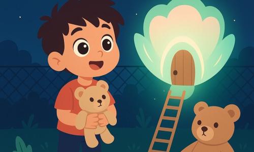 Un băiat de 6 ani cu ochii mari şi strălucitori, păr brun ciufulit şi zâmbet curios ţine un ursuleţ de pluș bej şi priveşte o lumină plutitoare; o jucărie îşi odihneşte capul pe piciorul lui, păstrând o atitudine calmă şi protectoare; o lumină rotundă, translucidă, culoarea mentei palide cu reflexe roz se deschide ca o floare, dezvăluind o uşă mică de lemn şi o scară moale spre pământ; scena e un grădină nocturnă cu iarbă verde închisă, o tufă de mentă în prim‑plan, un gard discret şi o lună în semilună în cerul albastru înstelat; băiatul stă în picioare pe iarbă, luminat de strălucirea blândă, pregătit să urce scara, atmosfera e magică, liniştită şi sigură, cu culori moi şi forme rotunjite.