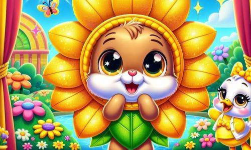 Benny the Rabbit, a cute little character with soft brown fur and floppy ears, stands on stage with wide eyes and a shy smile, wearing a bright sunflower costume with yellow petals and green leaves. Next to him, Daisy the Duck, a cheerful character with bright yellow feathers and a flower hat, gives him an encouraging wink, showing a supportive and excited expression. In the background, the magical garden setting is filled with colorful flowers, dancing butterflies, and a large sunny backdrop, creating a joyful and welcoming atmosphere. The scene shows Benny, a bit nervous but determined, ready to speak in front of an enthusiastic audience, with friends and family applauding.
