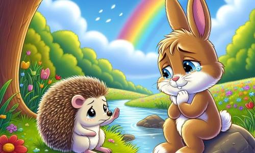 Benny the Bunny, a small brown rabbit with big ears, sits on a rock by a sparkling stream, with tears in his eyes but a slight smile on his face, reminiscing about his friend Toby. Next to him, Mrs. Hedgehog, a small hedgehog with soft fur and bright compassionate eyes, listens attentively, placing a comforting paw on his shoulder. The setting is a sunny meadow filled with colorful flowers gently swaying in the wind, with a majestic oak tree in the background, its leaves rustling softly. The main scene shows Benny speaking aloud about his memories with Toby, while a bright rainbow appears in the sky, symbolizing hope and eternal love.