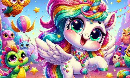 Eine wunderschöne Einhorn namens Lumi mit einer schimmernden Regenbogenmähne und einem glitzernden weißen Fell steht strahlend vor Freude und Aufregung im Mittelpunkt der Szene, ihre großen Augen funkeln schelmisch. Sie schüttelt ihre Mähne und lässt funkelnde Sterne um sich herum fallen. Neben ihr fliegt Flap, ein winziger Drache mit glänzenden grünen Schuppen und bunten Flügeln, fröhlich durch die Luft und lacht herzhaft. Er sieht schelmisch und enthusiastisch aus, bereit, Witze zu erzählen. Im Hintergrund beobachten zwei weise Eulen mit goldenen Federn, die auf einem Ast sitzen, die Szene mit amüsierten Gesichtsausdrücken und neugierigen, runden Augen. Der Ort ist ein festlicher Markt, dekoriert mit bunten Girlanden und funkelnden Laternen, umgeben von Kreaturen aller Art, die um Lumi versammelt sind, lachen und applaudieren. Bunte Blumen und Ballons schweben in der Luft und schaffen eine fröhliche, magische Atmosphäre. Die Hauptsituation zeigt Lumi auf der Bühne, die einen ihrer besten Witze erzählt, während die Menge in schallendes Gelächter ausbricht, erfüllt von Freude und Freundschaft, und das Lachen und die Kameradschaft feiert.