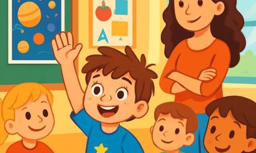 Un niño de 6 años llamado Lucas, con cabello castaño desordenado y ojos llenos de curiosidad, levanta la mano con una gran sonrisa en su rostro, mostrando una expresión de orgullo y emoción. Lleva una camiseta azul con estrellas y un pantalón corto rojo. A su lado, su mamá, una mujer sonriente de unos treinta años con cabello largo y rizado, lo anima con una mirada benevolente, de pie ligeramente atrás, con los brazos cruzados y una expresión de apoyo. Al fondo, un aula luminosa con paredes de colores, carteles educativos y ventanas que dejan entrar la luz del sol. La escena principal muestra a Lucas, confiado, respondiendo a una pregunta sobre los planetas, rodeado de compañeros de clase, todos atentos y admirados, creando una atmósfera de camaradería y entusiasmo.