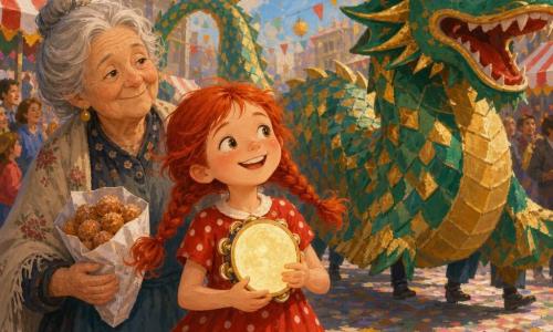 Marta, 8 anni, sorride ammirata con occhi brillanti tenendo sul petto un piccolo tamburo rotondo scintillante; capelli rossi in due trecce, vestito a pois rossi e calzini rigati. Alla sua sinistra, leggermente indietro e protettiva, la nonna di circa 70 anni con capelli grigi raccolti e un sacchetto di frittelle. Dietro di loro un grande drago di carnevale in cartapesta con scaglie verde smeraldo e oro e coda ondulante. La piazza lastricata è coperta di coriandoli e ghirlande, con bancarelle dai tetti a righe rosse e bianche, lanterne sospese e bandiere al vento; Marta è al centro a guardare il drago mentre luci e coriandoli vorticano attorno a lei e la folla sfocata fa da sfondo. Stile pittura acrilica, colori vivaci, texture spesse, pennellate visibili e luce calda del tardo pomeriggio.