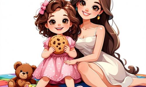 Una bambina di un anno, con grandi occhi brillanti e capelli ricci castani, è seduta su un tappeto colorato, un grande sorriso illumina il suo viso. Tiene un biscotto in una mano e un orsetto di peluche marrone nell'altra, esprimendo una gioia contagiosa. Accanto a lei, sua madre, una donna di circa 30 anni, con capelli lunghi e lisci, vestita con un abito leggero, sorride teneramente mentre tiene una scatola piena di palloncini colorati. Si piega leggermente verso Anna, condividendo questo momento di felicità. Il vicino, il signor Beppe, un uomo di circa 60 anni, indossa un grande cappello rosso e tiene un mazzo di palloncini. Si trova vicino alla porta, ridendo gioiosamente, aggiungendo all'atmosfera festosa. La scena si svolge in un soggiorno luminoso, decorato con festoni colorati e palloncini fluttuanti. Una finestra aperta lascia entrare la luce del sole, illuminando la stanza e creando un'atmosfera calda e festosa. La situazione principale mostra Anna che celebra il suo compleanno circondata dalla sua famiglia e dai suoi amici, tutti cantando gioiosamente "Tanti auguri a te" mentre condividono biscotti e risate, riempiendo l'aria di amore e felicità.