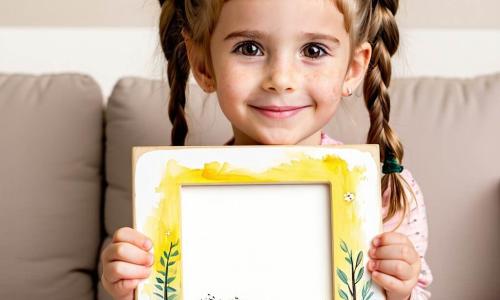Bambina di 6 anni con capelli castano chiaro raccolti in due piccole trecce, viso rotondo, lentiggini, espressione gioiosa e orgogliosa, occhi luminosi, che porge un piccolo portafoto in legno dipinto a mano, giallo e blu con pennellate visibili; padre di circa 38 anni con leggera barba e capelli castani corti, sorriso commosso e occhi teneri, seduto su un divano beige ad aprire le mani verso il regalo, inclinato verso la figlia; salotto caldo con parquet chiaro, tappeto crema, grande finestra su un giardino fiorito, alcuni giochi e un quadro infantile alla parete; scena di sorpresa e tenerezza, luce morbida del mattino, colori caldi e tocchi acquerellati, tratti semplici ed espressivi per emozioni chiare.