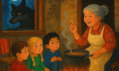 Ci sono sei personaggi: Lino, bambino di circa 6 anni, capelli castani corti, giacca rossa, seduto a sinistra del fuoco, tiene la mano di Marta e guarda il lupo dalla finestra; Marta, bambina di circa 6 anni, trecce bionde, vestito verde, seduta accanto a Lino, tiene la mano di Pino e ascolta la nonna; Pino, bambino di circa 6 anni, capelli ricci neri, maglione blu, seduto a destra di Marta con le ginocchia rivolte verso il fuoco, guarda la nonna; Giada, bambina di circa 6 anni, capelli castano chiaro a codini, vestito giallo, seduta vicino a Pino, raccolta con gli altri bambini; la nonna, donna di circa 70 anni, capelli grigi raccolti, vestito a fiori e grembiule crema, in piedi vicino alla grande pentola sul fuoco, sorride raccontando una storia; il grande lupo maschio, pelo spesso nero e grigio, occhi color ambra, fuori dalla finestra sdraiato sulle zampe, silhouette enorme contro la luna. Luogo: interno di una piccola casa di legno e pietra con pavimento a lastre, travi a vista, grande camino in pietra con fiamme arancioni e rosse che proiettano ombre, vapore di zuppa che sale, coperta di lana su una sedia e una piccola finestra aperta su una foresta scura. Situazione principale: i quattro bambini sono raccolti attorno al fuoco mentre la nonna racconta vicino alla pentola; attraverso la finestra il grande lupo aspetta silenzioso sotto la luna osservando la casa illuminata.