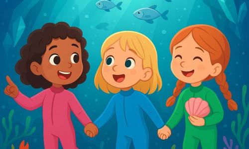Ci sono 3 personaggi: - Sara: una bambina di 5 anni con i capelli ricci e castani, indossa una muta rosa. È entusiasta e indica un piccolo granchio che le saluta. - Giulia: una bambina di 5 anni con i capelli lisci e biondi, indossa una muta blu. È meravigliata e guarda i pesci argentati che nuotano attorno a loro. - Mia: una bambina di 5 anni con i capelli rossi e trecce, indossa una muta verde. Tiene in mano una conchiglia rosa e sorride, affascinata dalla bellezza della grotta. Le tre amiche si tengono per mano, fluttuando gioiosamente in una grotta sottomarina. Il luogo è una grotta sottomarina magica, con pareti scintillanti come cristalli, illuminate da raggi di luce che filtrano attraverso l'acqua. Alghe colorate danzano dolcemente al ritmo delle onde, e piccoli pesci argentati nuotano attorno a loro, creando un'atmosfera incantevole. La situazione principale mostra le tre amiche che esplorano la grotta, meravigliate dalle meraviglie marine che le circondano, pronte a scoprire i segreti nascosti di questo luogo incantevole.