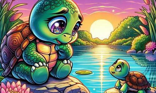 Uma pequena tartaruguinha chamada Tina, com uma carapaça verde e olhos brilhantes, está sentada em uma pedra à beira de um lago azul cintilante. Ela parece triste e pensativa, com as patinhas pequenas recolhidas sob ela, enquanto observa a água. Ao seu lado, sua mãe, uma grande tartaruga com pelagem suave e marrom, a observa com uma expressão doce e reconfortante, colocando uma nadadeira sobre o ombro de Tina para apoiá-la. O cenário é um lago tranquilo cercado por nenúfares rosas e juncos verdes, com reflexos do sol poente iluminando a água com uma luz dourada. Nesta cena emotiva, Tina se sente perdida e confusa, buscando respostas sobre a perda de seu avô, enquanto sua mãe lhe oferece um momento de conforto à beira deste lago mágico.