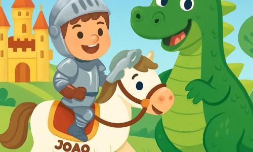 Um cavaleiro corajoso, chamado João, está em pé sobre seu cavalo branco brilhante. Ele tem cabelos castanhos e usa uma armadura reluzente que brilha sob o sol. Seu rosto expressa determinação e alegria, com um grande sorriso. Ao lado dele, um grande dragão verde, com escamas brilhantes, sorri amigavelmente. Seus olhos são suaves e curiosos, e ele está em suas patas traseiras, pronto para brincar. Ao fundo, um magnífico castelo com torres douradas se ergue majestoso, cercado por flores coloridas e árvores verdejantes. O céu é azul com algumas nuvens brancas e fofas. A cena mostra João e o dragão lado a lado, rindo e se divertindo juntos, enquanto o cavalo branco observa com curiosidade. É um momento de alegria e amizade entre um cavaleiro e um dragão.
